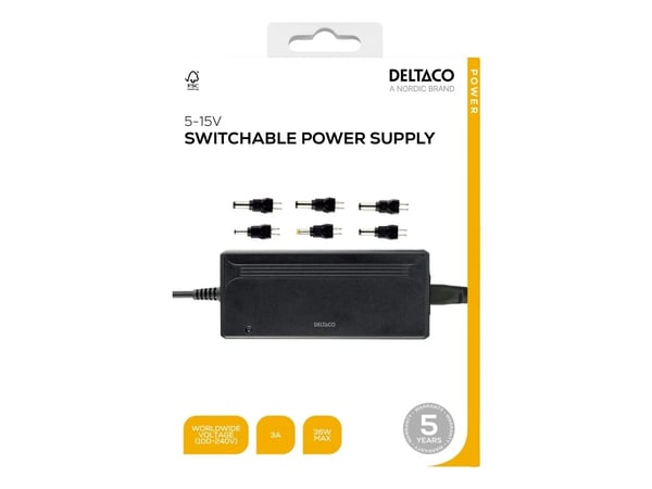 DELTACO - Verkkolaitesovitin - 5-15V DC, 3A, 6 kärkiä - AC 100-240 V - 36 Watt - musta