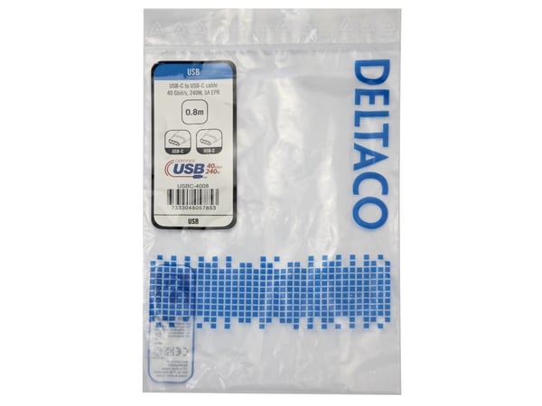 DELTACO - USB-kabel - 24 pin USB-C (hann) til 24 pin USB-C (hann) - USB4 Gen 3 - 5 A - 80 cm - utvidet effektområde (EPR) - svart