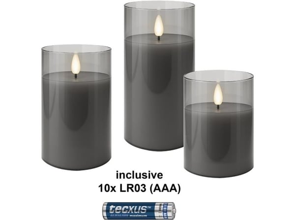 Sett med 3 LED-stearinlys i voks i et glass, grå-transparent, inkl. 10x AAA (LR03)