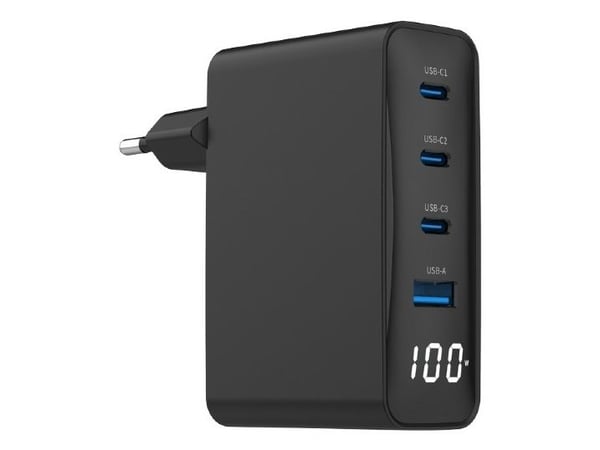 Gembird - Strømadapter - 100 watt - 5 A - Fast Charge, PD, QC 3.0 - 4 utgangskontakter (3 x USB-C, USB-type A) - svart