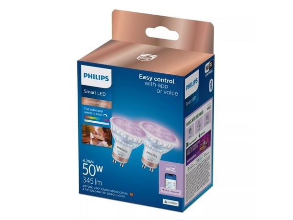 Philips Spot 50 W PAR16 GU10 x2, Smartpære, Wi-Fi/Bluetooth, Hvit, Wi-Fi 4 (802.11n), 802.11b, 802.11g, LED, GU10