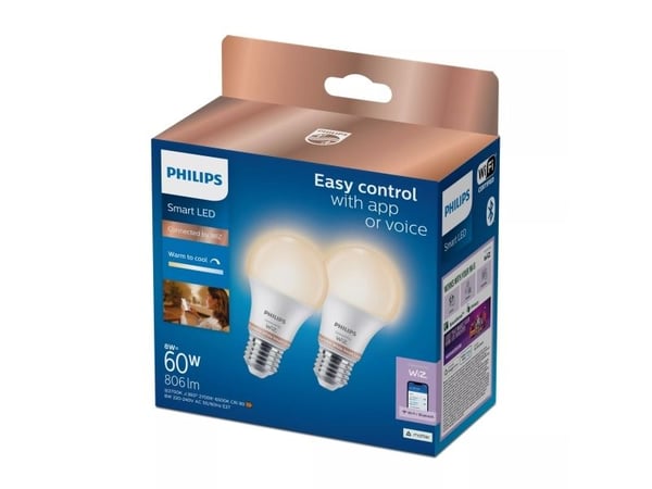 Philips Lyskilde, 60 W A60 E27 x2, Wi-Fi/Bluetooth, Hvit, Wi-Fi 4 (802.11n), 802.11b, 802.11g, LED, Plast, E27
