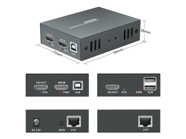 LevelOne HVE-8111, 3840 x 2160 piksler, AV-sender og -mottaker, 100 m, Koblet med ledninger (ikke trådløs), Svart, HDCP