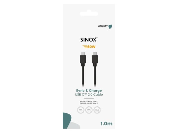Sinox USB C-kabel. 1 m, Svart, 1 m, USB C, USB C, USB 2.0, 0,48 Gbit/sek, Svart