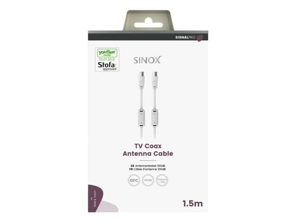Sinox PRO -antennikaapeli, YouSee &amp; Stofa-hyväksytty, 1.5m, valkoinen