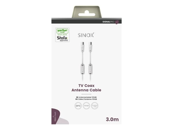 Sinox PRO -antennikaapeli YouSee &amp; Stofa hyväksytty. 3m. valkoinen
