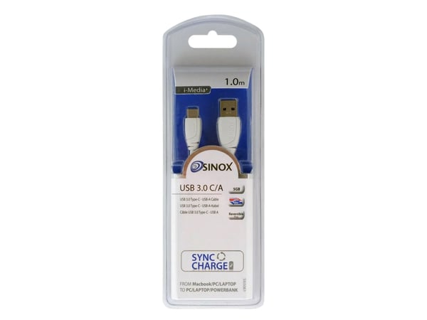 Sinox i-Media - USB-kabel - USB-type A (hann) til USB-C (hann) reversibel - USB 3.0 - 1 m - hvit