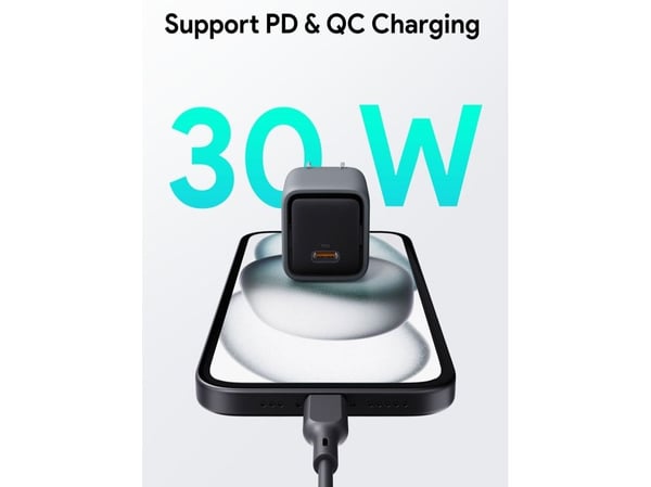 Aukey Comet - Strømadapter - foldable, with GaN technology - 30 watt - 3 A - Power Delivery 3.0 + PPS, QC 4.0+, QC 3.0, Apple 2.4A, FC (24 pin USB-C)