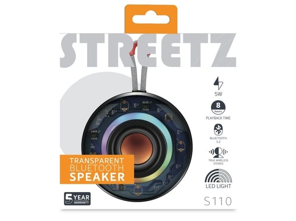 Streetz Gjennomsiktig bluetooth-høyttaler med TWS og LED-lyseffekter, 5 W, 5 W, 100 - 20000 Hz, 4 O, 75 dB, Trådløs, 10 m