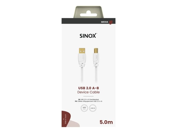 Sinox USB 2.0 tulostinkaapeli. 5m. Valkoinen