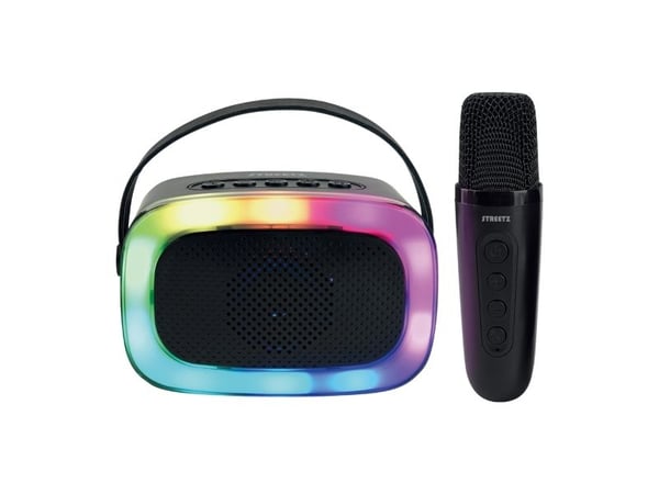Streetz Karaokehøyttaler med trådløs mikrofon, 5W, BT 5.3, svart, 5 W, Trådløs, 10 m, USB Type-C, Bærbar monohøyttaler, Svart