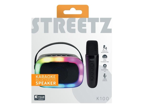 Streetz Karaokehøyttaler med trådløs mikrofon, 5W, BT 5.3, svart, 5 W, Trådløs, 10 m, USB Type-C, Bærbar monohøyttaler, Svart