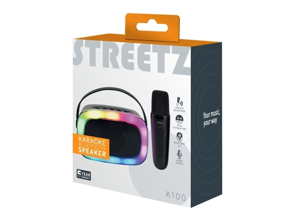 Streetz Karaokehøyttaler med trådløs mikrofon, 5W, BT 5.3, svart, 5 W, Trådløs, 10 m, USB Type-C, Bærbar monohøyttaler, Svart