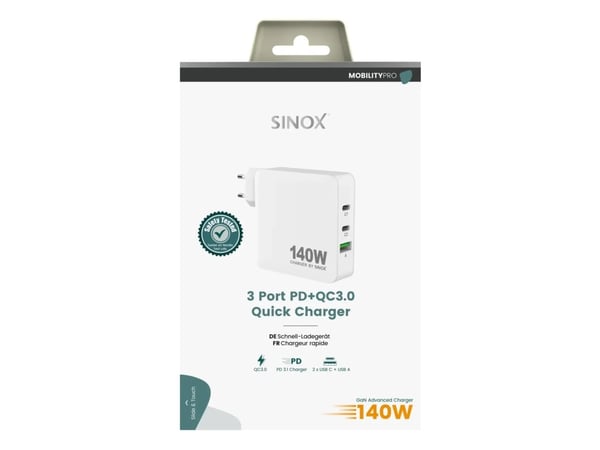 Sinox PRO 230V 2xUSB-C 1xUSB-A laturi 140W. Valkoinen