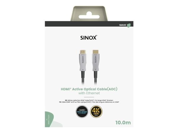 Sinox HDMI™ Optisk kabel 4K60Hz+E. 10m, Svart, 10 m, HDMI Type A (Standard), HDMI Type A (Standard), 3D, 18 Gbit/sek, Svart, Grå