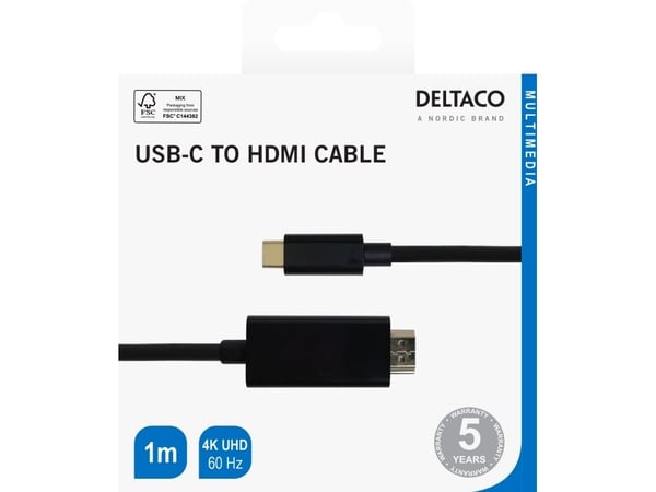 DELTACO - Adapterkabel - 24 pin USB-C hann til HDMI hann - 1 m - svart - 4 K 60 Hz (4096 x 2160) støtte