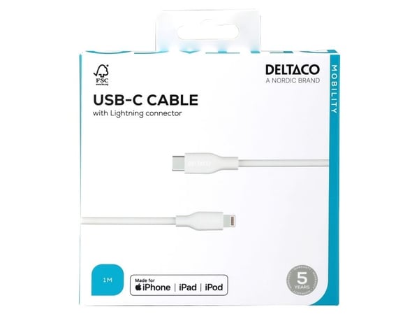 Deltaco USB-C - Lightning kaapeli, 1m, valkoinen, 1 m, Lightning, USB C, Uros, Uros, Valkoinen