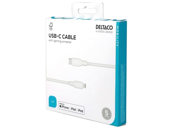 Deltaco USB-C - Lightning kaapeli, 1m, valkoinen, 1 m, Lightning, USB C, Uros, Uros, Valkoinen