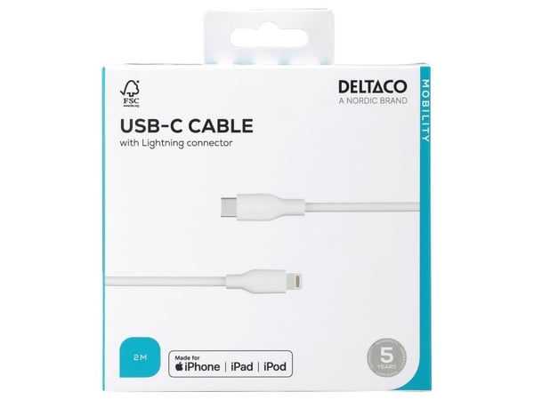 DELTACO - Lightning-kabel - 24 pin USB-C hann til Lightning hann - 2 m - MFI-sertifisert - hvit