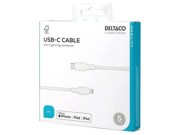 DELTACO - Lightning-kabel - 24 pin USB-C hann til Lightning hann - 2 m - MFI-sertifisert - hvit
