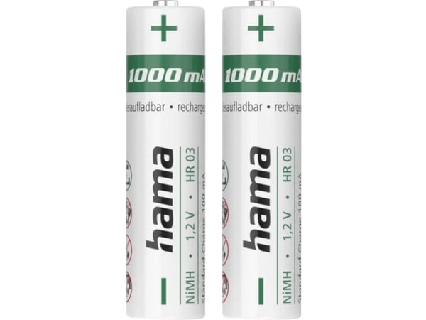 Hama 00223523, Oppladbart batteri, AAA, Nikkelmetallhydrid (NiMH), 1,2 V, 2 stykker, 1000 mAh