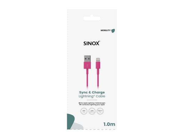 Sinox Lightning-kaapeli. 1m, vaaleanpunainen, 1m, Lightning, USB A, urosliitin, urosliitin, vaaleanpunainen