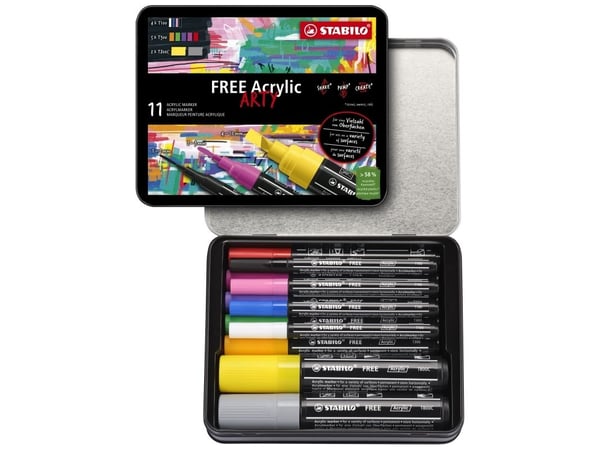 STABILO FREE Acrylic, 11 stykker, Sort, Blå, Karmin, Mørkegrå, Grønn, Lilac, Oransje, Rosa, Fiolett, Hvit, Gult, 14 år, Rund, 1 mm, 1 cm