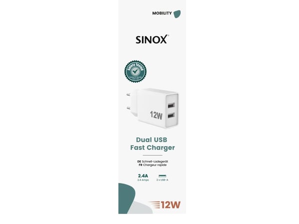 Sinox 230V 2xUSB-A laturi 12W. Valkoinen