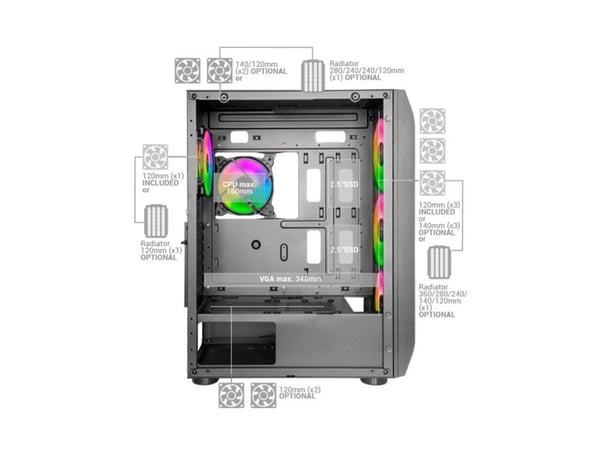 Mars Gaming MCKX, Tower, PC, Sort, ATX, EATX, Micro ATX, Mini-ITX, Spilling, Blå, Grønn, Rød