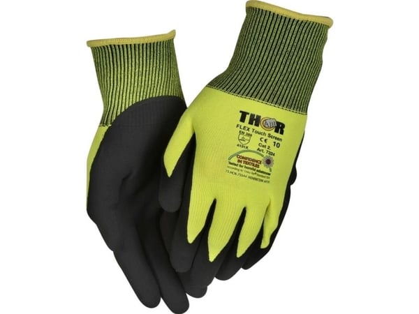 Fingerdyppet nitrilhandske, THOR Flex Touch Screen, 8, sort, nitril/polyester, med gul ribkant - (12 stk.)
