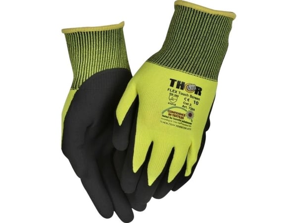 Fingerdyppet nitrilhandske, THOR Flex Touch Screen, 10, sort, nitril/polyester, med gul ribkant - (12 stk.)