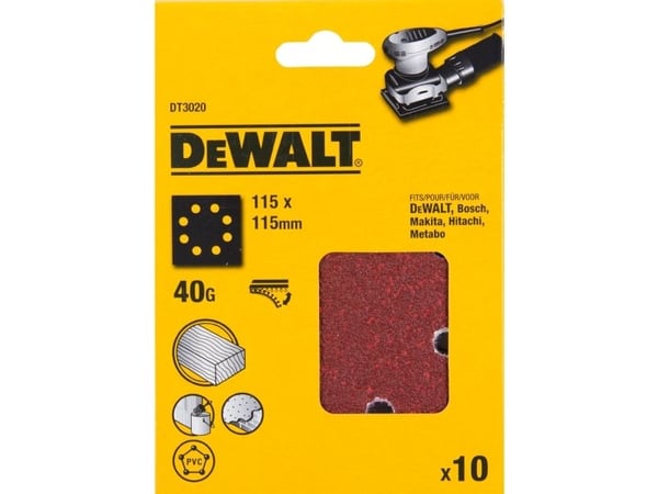 Slippapper 115x115 mm med kardborre, 8 hål, korn 40, DeWalt [DT3020-QZ] 10 st