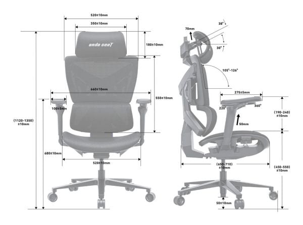 Anda Seat X-Air Pro, Verkkoistuin, Verkotettu selkänoja, Harmaa, Harmaa, Verkko, Verkko