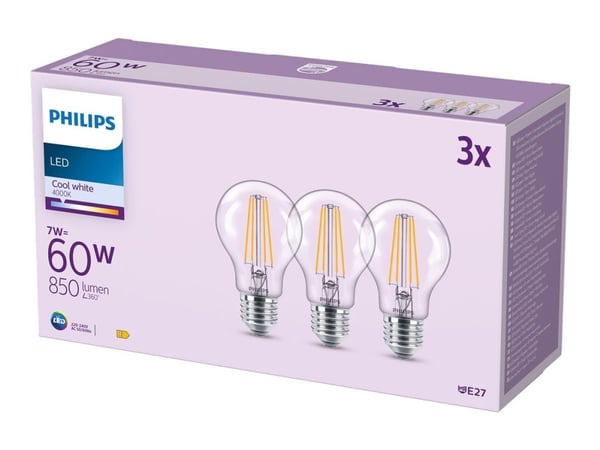 Philips LED Classic - LED-lyspære - form: A60 - klar finish - E27 - 7 W (ekvivalent 60 W) - klasse E - kjølilg hvitt lys - 4000 K (en pakke 3)