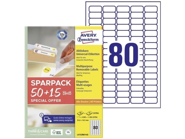 Avery L4732REV-65, Valkoinen, Itseliimautuva tulostinetiketti, A4, Paperi, Laser/inkjet, Irrotettava