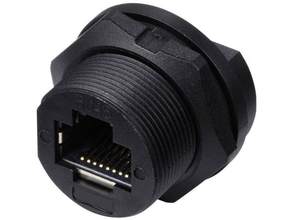 TRU COMPONENTS TC-E13T-FR6-PPF RJ45-kontakt for montering på kretskort IP67 (gjenget) på baksiden TC-13543664 Pinnummer (RJ) 8 Svart 1 stk