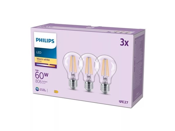 Philips Filamenttilamppu kirkas 60W A60 E27 x3, 7 W, 60 W, E27, 806 lm, 15000 h, Lämmin valkoinen