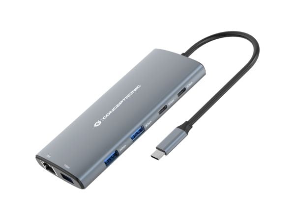 Conceptronic DONN06G, johdollinen, USB 3.2 Gen 1 (3.1 Gen 1) Type-C, 100 W, 10,100,1000 Mbit/s, harmaa, MicroSD (TransFlash), MicroSDHC, MicroSDXC,...