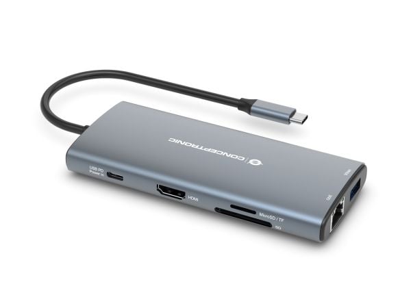 Conceptronic DONN06G, johdollinen, USB 3.2 Gen 1 (3.1 Gen 1) Type-C, 100 W, 10,100,1000 Mbit/s, harmaa, MicroSD (TransFlash), MicroSDHC, MicroSDXC,...