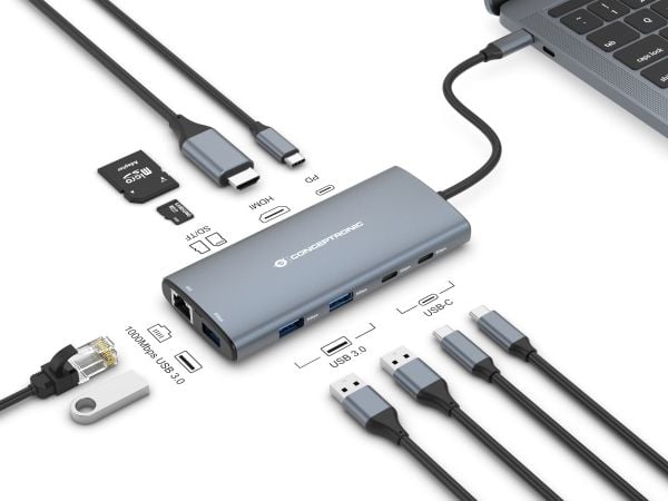 Conceptronic DONN06G, johdollinen, USB 3.2 Gen 1 (3.1 Gen 1) Type-C, 100 W, 10,100,1000 Mbit/s, harmaa, MicroSD (TransFlash), MicroSDHC, MicroSDXC,...