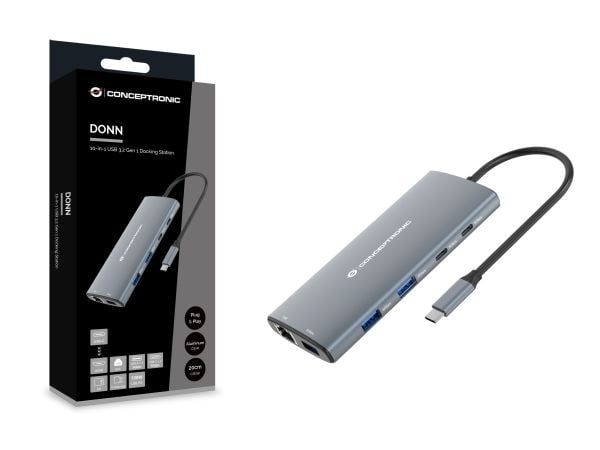 Conceptronic DONN06G, johdollinen, USB 3.2 Gen 1 (3.1 Gen 1) Type-C, 100 W, 10,100,1000 Mbit/s, harmaa, MicroSD (TransFlash), MicroSDHC, MicroSDXC,...