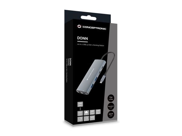 Conceptronic DONN06G, johdollinen, USB 3.2 Gen 1 (3.1 Gen 1) Type-C, 100 W, 10,100,1000 Mbit/s, harmaa, MicroSD (TransFlash), MicroSDHC, MicroSDXC,...