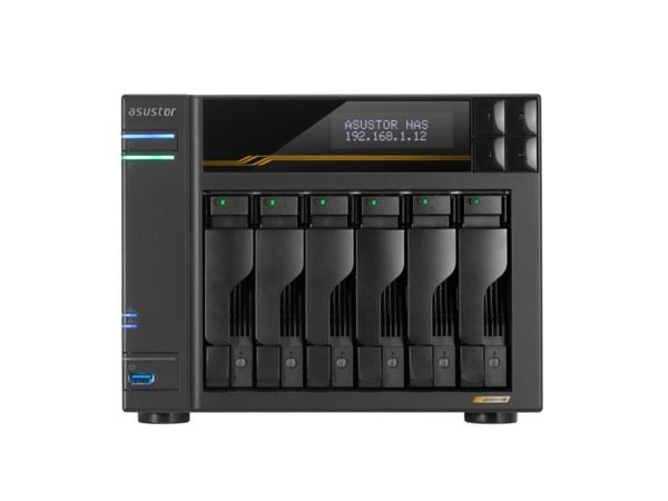 Asustor LOCKERSTOR 6 Gen3 AS6806T 6-bay filserver, AMD Ryzen V3C14 Fire kjerner 2,3GHz, 16G ECC DDR5, 4x M.2 PCIe (NVMe), 2x 10 GbE, 2x 5 GbE,
