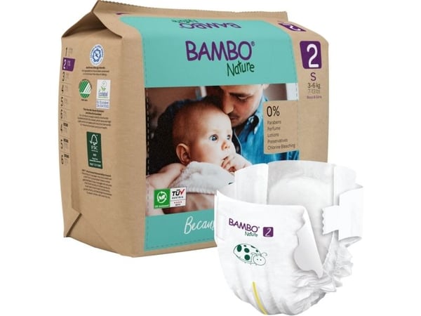 Babybleie, tapebleie, miljømerket, Bambo Nature, 2, papirpose, papirpose, 3-6 kg - (6 pakker x 30 stk.)