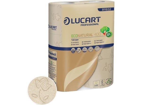 Toiletpapir Lucart EcoNatural 2-lag Ø12cm L44mxB9.6cm Genbrugsfiber Natur,5 pk x 6 rl/krt