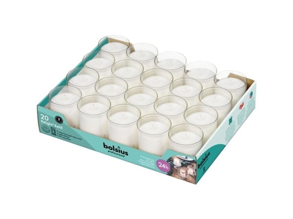 Täyttöpakkaus, Bolsius, 6,5 cm, Ø5,2 cm, kirkas, 24 tuntia, parafiini, Relight-pöydälle - (80 kpl)