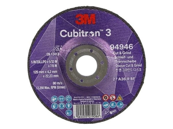 3MTM CubitronTM 3 leikkuu- ja hiontakiekko, 94946, 36+, T27, 125 mm x 4,2 mm x 22,23 mm, FI, 10-pakkaus, 20 kpl 3MTM CubitronTM 3 leikkuu- ja hiontakiekko, 94946, 36+, T27, 125 mm x 4,2 mm x 22,23 mm, FI, 10-pakkaus, 20 kpl