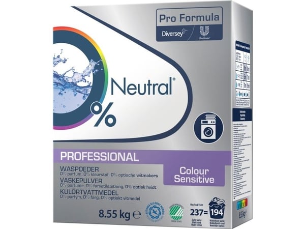 Nøytralt profesjonelt vaskepulver, farget, uten farge og parfyme, 8,55 kg