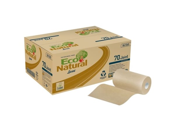 Handduksrulle, Lucart T3 Natural, 2-lagers, Mini, 70m x 22,8cm, Ø13cm, oblekt, återvunnet papper, med spiralhylsa - (12 rullar/kartong)