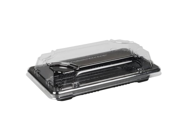 Sushibakke og lokk, ABENA Cater-Line, 1, 16x9x4,5 cm, 320 ml, sort PET, med gjennomsiktig lokk